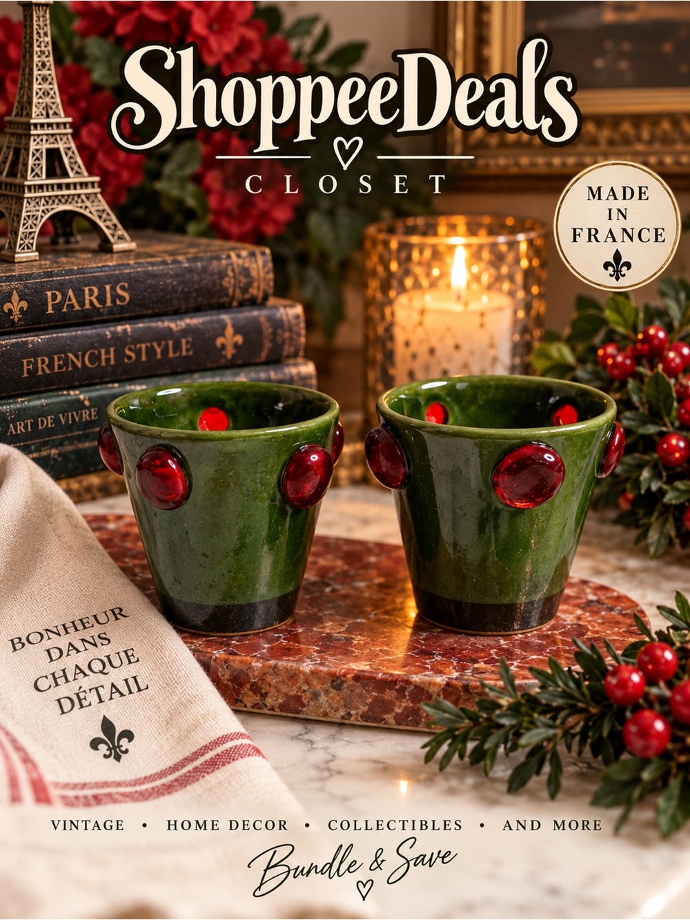 La Française France Green Ceramic Red Glass Accent Cups Votive Holders Pair